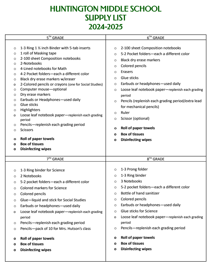 2024-2025 Middle School Supply List can be found here:
5il.co/2scyc
