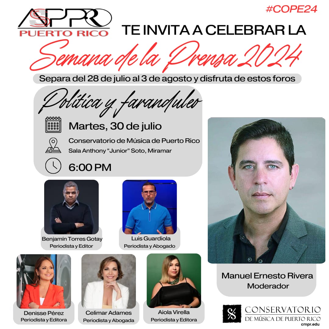 manuelernestopr's tweet photo. Mañana en la Semana de la Prensa 2024 de la @asppro_oficial:
Política y faranduleo. 6:00 pm Conservatorio de Música, Santurce. @CelimarAdames @DePrensaPR @AiolaVirella @GuardiolaTuit @TorresGotay #periodistas #cope24 https://t.co/inguoKdJ73