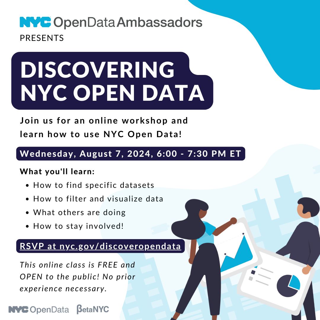 Beta.NYC - Now at @betanyc.bsky.social (@betanyc) on Twitter photo Join <a href="/NYCOfficeofTech/">NYC Office of Technology and Innovation</a>'s <a href="/NYCAnalytics/">NYC Office of Data Analytics</a> and BetaNYC on a fun-filled data adventure!
Learn about the history of NYC Open Data and more in an upcoming class with Open Data Ambassadors.
When: Weds, August 7 at 6pm 📆
RSVP: nyc.gov/discoveropenda… 👈 Join <a href="/NYCOfficeofTech/">NYC Office of Technology and Innovation</a>'s <a href="/NYCAnalytics/">NYC Office of Data Analytics</a> and BetaNYC on a fun-filled data adventure!
Learn about the history of NYC Open Data and more in an upcoming class with Open Data Ambassadors.
When: Weds, August 7 at 6pm 📆
RSVP: nyc.gov/discoveropenda… 👈