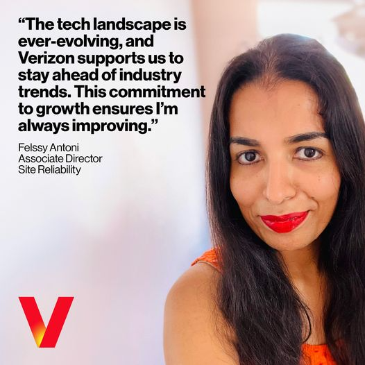 TKINAKRON's tweet photo. Verizon's Felssy Antoni, Associate Director of Site Reliability, is a #VerizonWomenInTech leader. She collaborates across departments, drives digital transformation, and automates processes. Learn more about careers at Verizon: https://t.co/6otOBf8Gj0 https://t.co/o3NjAQRmEO