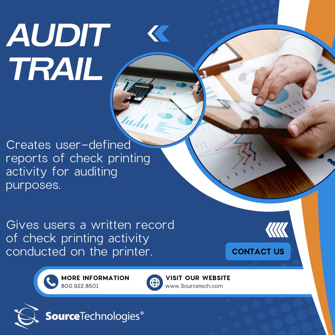 SourceTechnolo4's tweet image. To facilitate auditing and compliance requirements, our secure MICR printers oﬀer an audit trail feature. This feature allows users to generate user-deﬁned reports of check printing activity, providing a written record for auditing purposes.