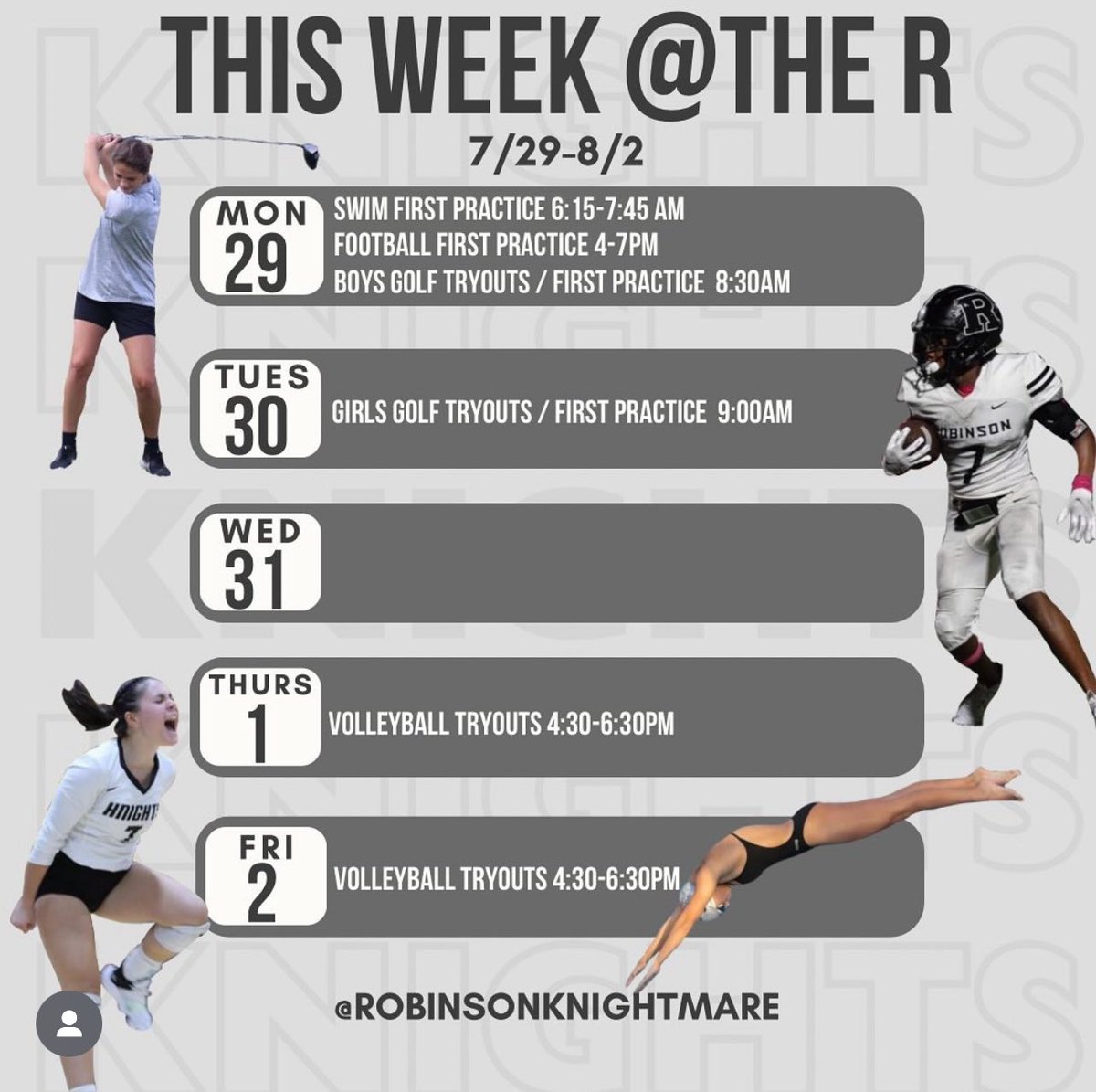 RobinsonHS_VB's tweet image. Fall sports are in full swing and we can’t wait to be back in action with our Robinson Knights teams!