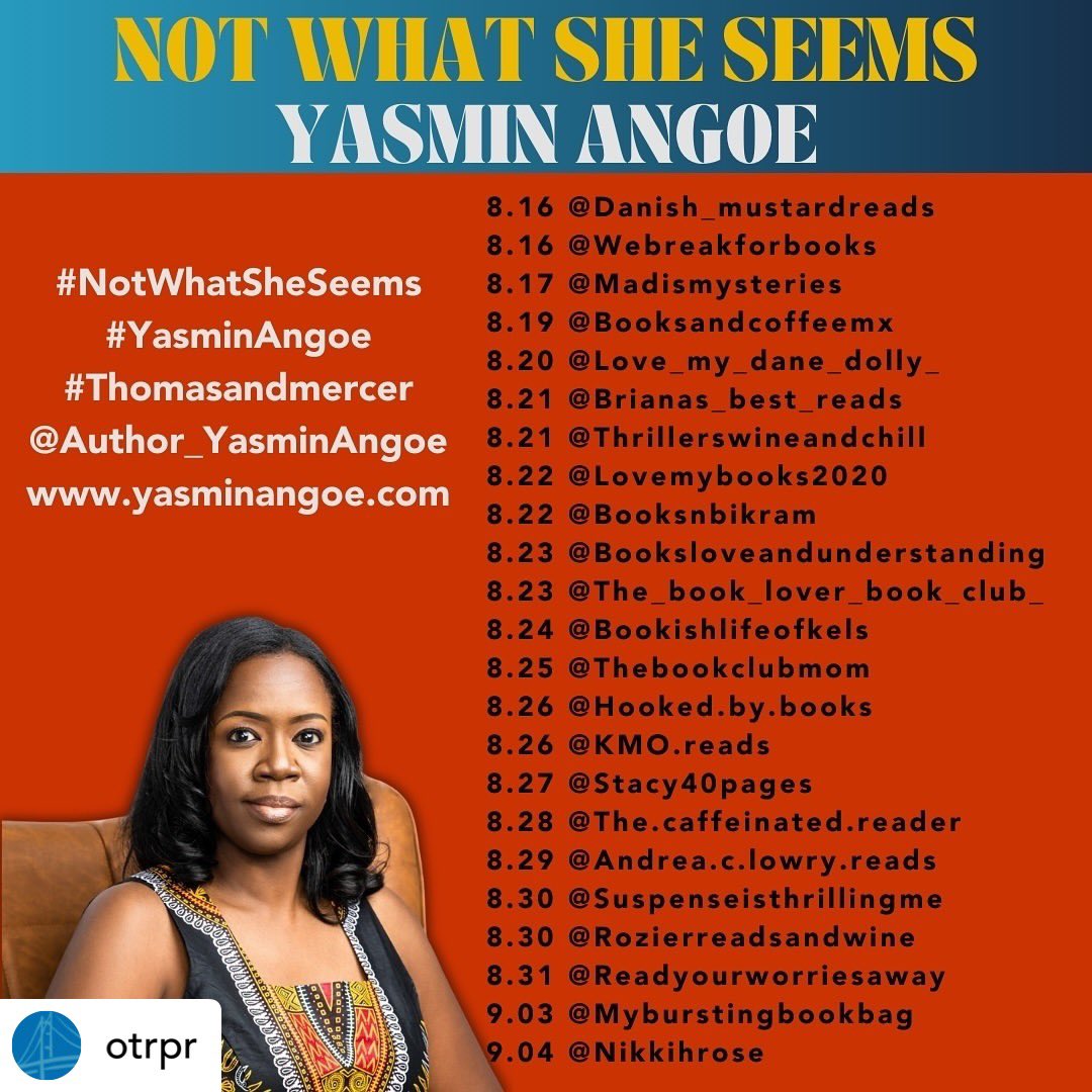 Yasmin Angoe—Not What She Seems • Nena Knight (@yasawriter) on Twitter photo Many thanks to the readers, reviewers, and buyers of my new suspense thriller NOT WHAT SHE SEEMS! 🙏🏾 Next, there are a few in-person signings & virtual tour I hope you will be a part of, starting tonight! <a href="/AmazonPub/">Amazon Publishing</a> #readingcommunity #thrillerbooks #BookRecommendations Many thanks to the readers, reviewers, and buyers of my new suspense thriller NOT WHAT SHE SEEMS! 🙏🏾 Next, there are a few in-person signings & virtual tour I hope you will be a part of, starting tonight! <a href="/AmazonPub/">Amazon Publishing</a> #readingcommunity #thrillerbooks #BookRecommendations