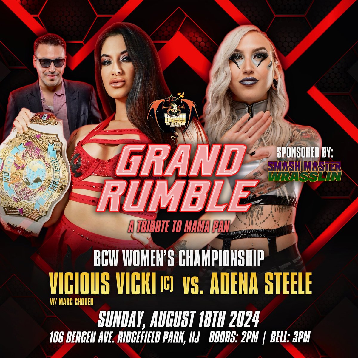 Courtesy of <a href="/SmashMaster570/">Smash Master Wrasslin'</a>, our BCW Women’s Champion <a href="/vicious_vicki_/">THEBADCHICKᐯIᑕK</a> has her next challenger set at the Grand Rumble! Will <a href="/_AdenaSteele/">Adena Steele</a> end the champ’s 500-day reign? 👀

Get your tickets today to find out: grandrumble.eventbrite.com