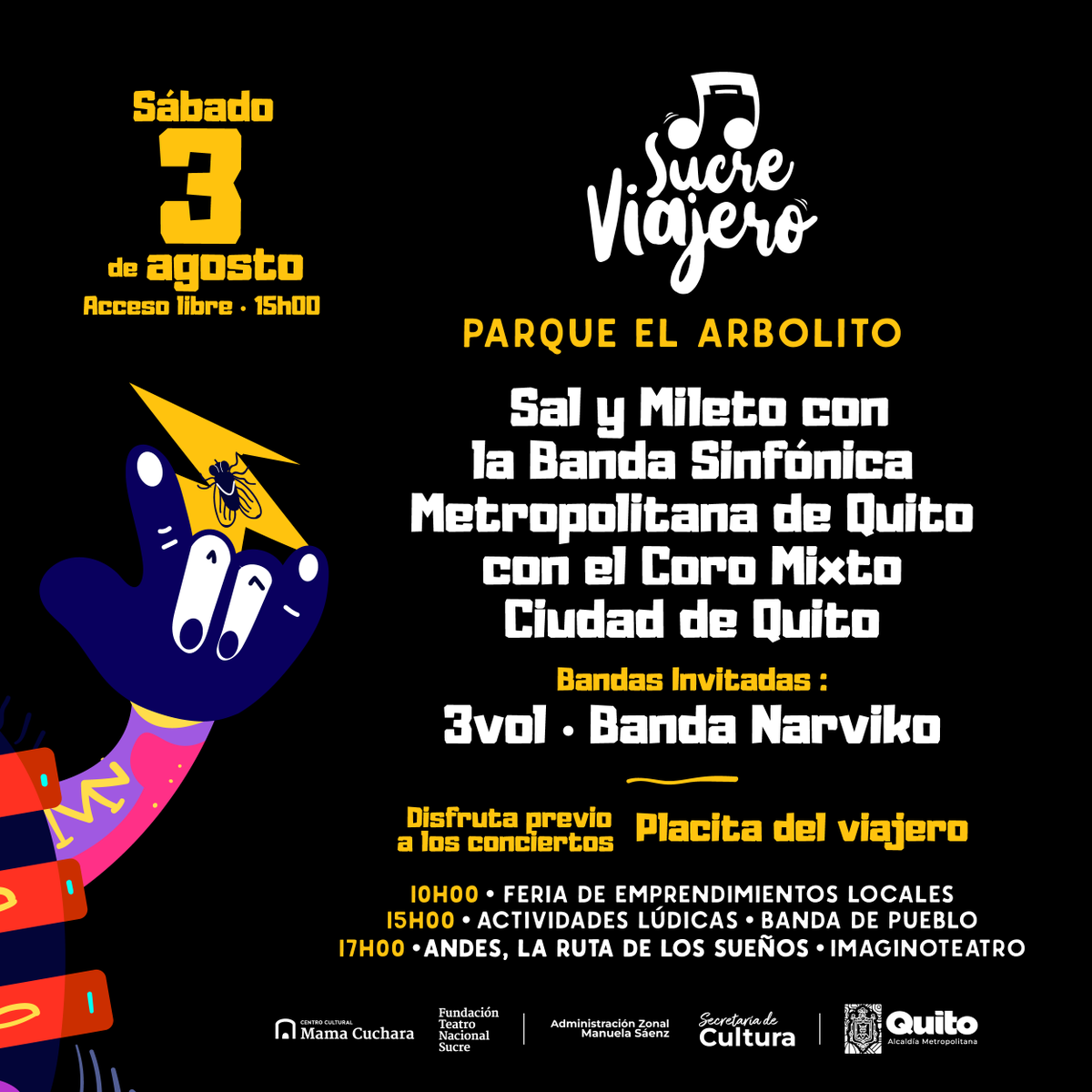 TeatroSucreQ's tweet photo. #QuitoConCultura | Vive el rock y las artes escénicas en el Sucre Viajero 2024.  Acude al Parque Arbolito y disfruta de Sal y Mileto con bandas invitadas como: 3Vol y Banda Narviko. 💥

🗓️ Sábado 3 de agosto
📍 Parque El Arbolito
🎟️ Acceso libre

#SomosFTNS #ElArteTransforma https://t.co/0Us79E8lzN
