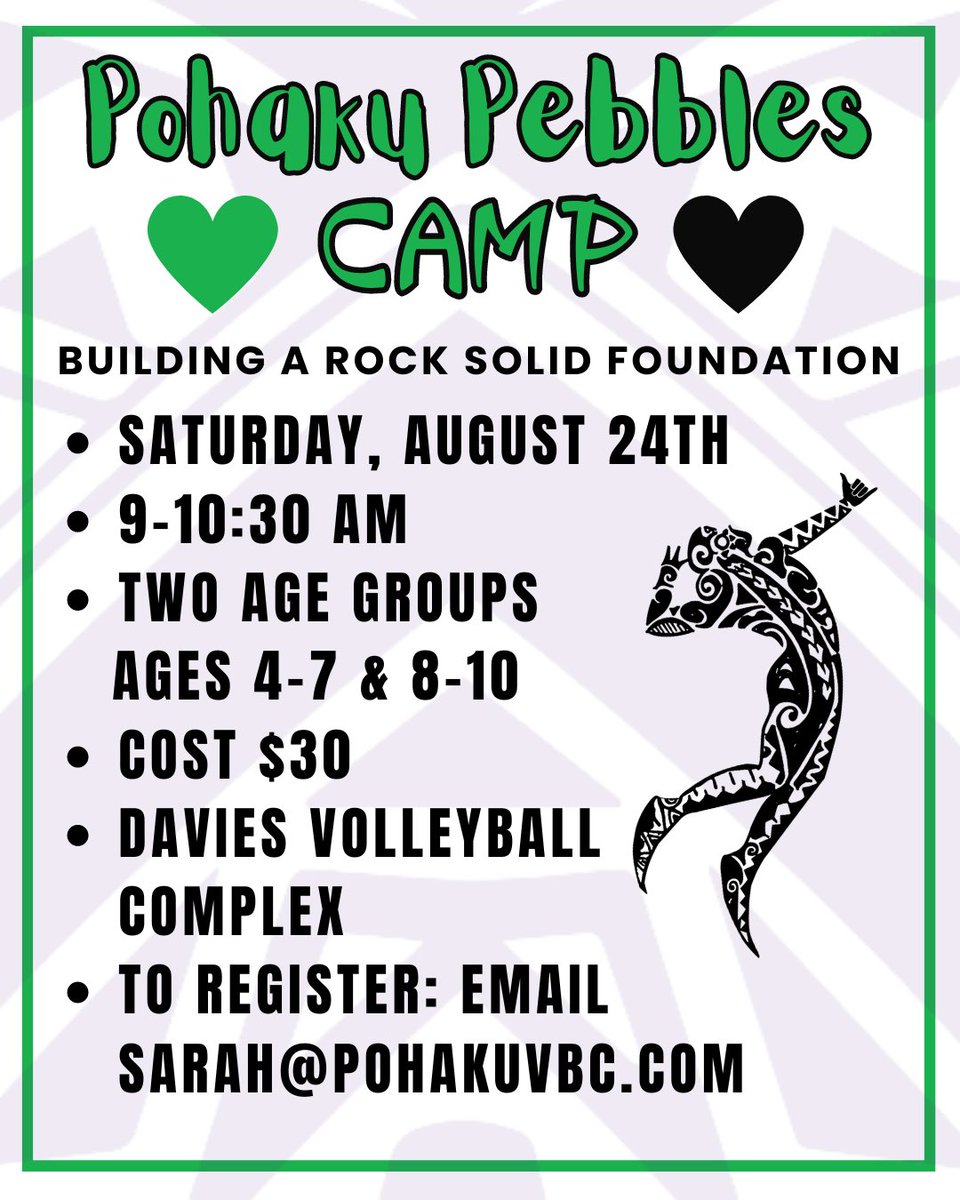 Pohaku Volleyball Club (@pohakuvbc) on Twitter photo 💚🖤PEBBLES CAMP🖤💚
The last one was such a big hit, we decided to do it again!
Email sarah@pohakuvbc.com to register. 🤙🏽 💚🖤PEBBLES CAMP🖤💚
The last one was such a big hit, we decided to do it again!
Email sarah@pohakuvbc.com to register. 🤙🏽