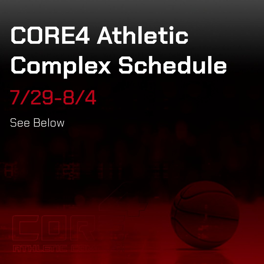 Schedule for Core4 Athletic Complex this week. We look forward to seeing everyone there!

Monday: Open All Day
Tuesday: Open All Day
Wednesday: Open All Day
Thursday: Open 6A-8A and 2P-10P
Friday: Open 6A-8A and 2P-10P
Saturday: Open 6A-8A and 2P-10P
Sunday: Open 6A-8A and 2P-10P
