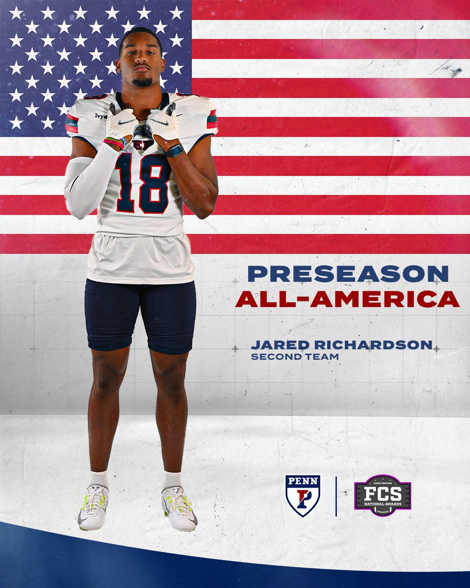 Penn Football (@pennfb) on Twitter photo PRESEASON ALL-AMERICA 🇺🇸🏈
It's <a href="/Jaredrich_17/">Jared Richardson</a>'s second honor of the preseason so far, as @FCS_STATS names him second-team All-America!
📰 bit.ly/3LHQ5ML
#FightOnPenn x #BEGREAT PRESEASON ALL-AMERICA 🇺🇸🏈
It's <a href="/Jaredrich_17/">Jared Richardson</a>'s second honor of the preseason so far, as @FCS_STATS names him second-team All-America!
📰 bit.ly/3LHQ5ML
#FightOnPenn x #BEGREAT