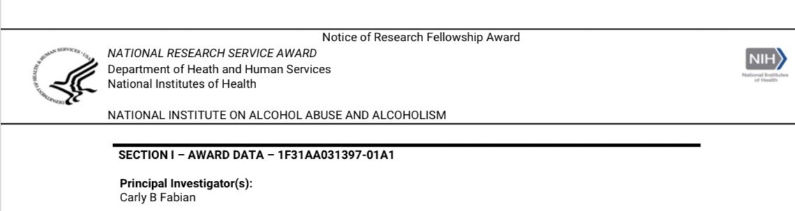 Carly Fabian (@carlyfabian231) on Twitter photo Honored to have received the official Notice of Award for my F31 NRSA application the other day! 🎉 Huge thanks to <a href="/NIAAAnews/">NIAAA News</a> for supporting my work and all those who helped me through this process <a href="/mejoffe/">Max Joffe</a> <a href="/mtorregrossa1/">Mary Torregrossa</a> 😊 Honored to have received the official Notice of Award for my F31 NRSA application the other day! 🎉 Huge thanks to <a href="/NIAAAnews/">NIAAA News</a> for supporting my work and all those who helped me through this process <a href="/mejoffe/">Max Joffe</a> <a href="/mtorregrossa1/">Mary Torregrossa</a> 😊