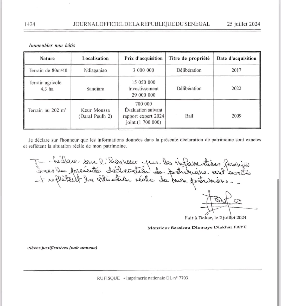Déclaration du patrimoine du Président de la République Bassirou Diomaye Faye