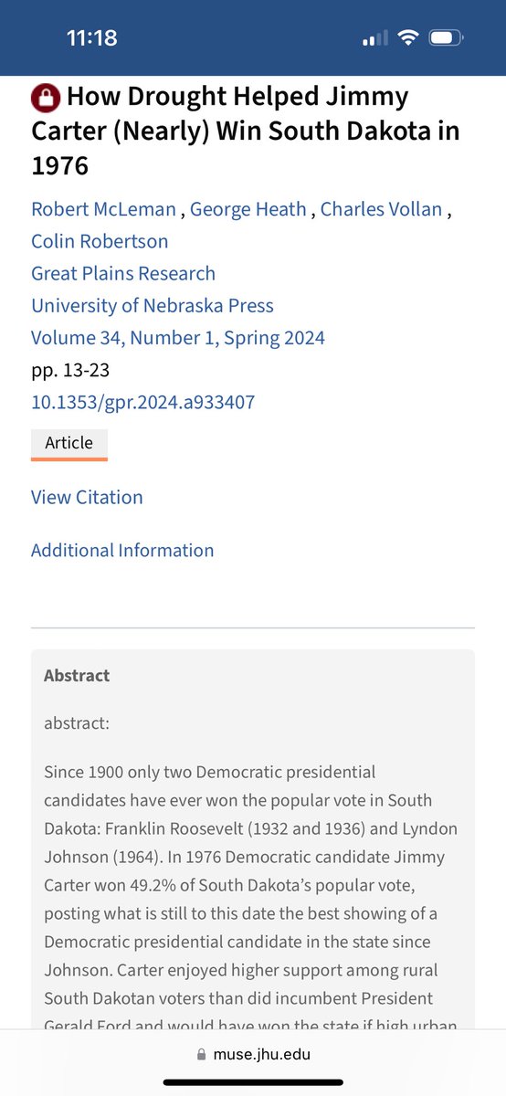 Robert McLeman (@rmcleman) on Twitter photo Of all the academic papers I’ve participated in, this one published in latest issue of #GreatPlainsResearch may be my favourite, even if no one ever reads/cites it. “How Drought Helped #JimmyCarter (Nearly) Win South Dakota in 1976”. muse.jhu.edu/pub/17/article… <a href="/UNLGreatPlains/">UNLGreatPlains</a> Of all the academic papers I’ve participated in, this one published in latest issue of #GreatPlainsResearch may be my favourite, even if no one ever reads/cites it. “How Drought Helped #JimmyCarter (Nearly) Win South Dakota in 1976”. muse.jhu.edu/pub/17/article… <a href="/UNLGreatPlains/">UNLGreatPlains</a>