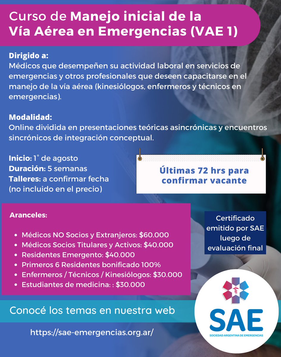 ¡ÚLTIMAS 72HRS PARA CONFIRMAR SU VACANTE!

Les recordamos que continúa abierta la inscripción al Curso de Manejo Inicial de la Vía Aérea en Emergencias (VAE 1) organizado por el Comité de Vía Aérea.

Link de preinscripción: forms.gle/X2MhWNFouzVkyH…