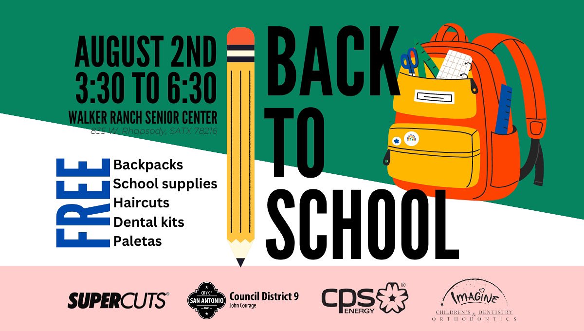 MistySpearsD9's tweet image. ✏️ District 9 will give out over 550+ backpacks stuffed with useful school supplies. 📚🎒 
Your kids will also have the chance to get free haircuts, dental kits, immunization info and yummy paletas.
#BackToSchool #Freeschoolsupplies #FreeBackpacks