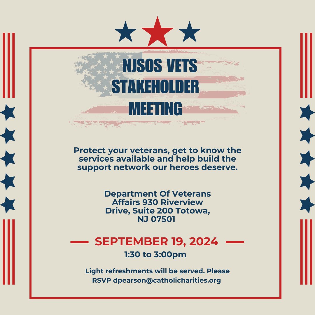 CCharitiesPat's tweet photo. Interested in helping our veterans thrive? Consider attending the  NJSOS Veteran Stakeholders group  Meeting!
NJSOS offers access to counseling services, financial assistance programs, homelessness prevention and community support networks tailored to the unique needs of military veterans and their families.
By acknowledging their resilience and strength, we honor the sacrifices they have made and reaffirm our commitment to standing by them as they navigate the complexities of military life and transition to civilian society.
Come join a vibrant community!
RSVP. dpearson@catholicharities.org