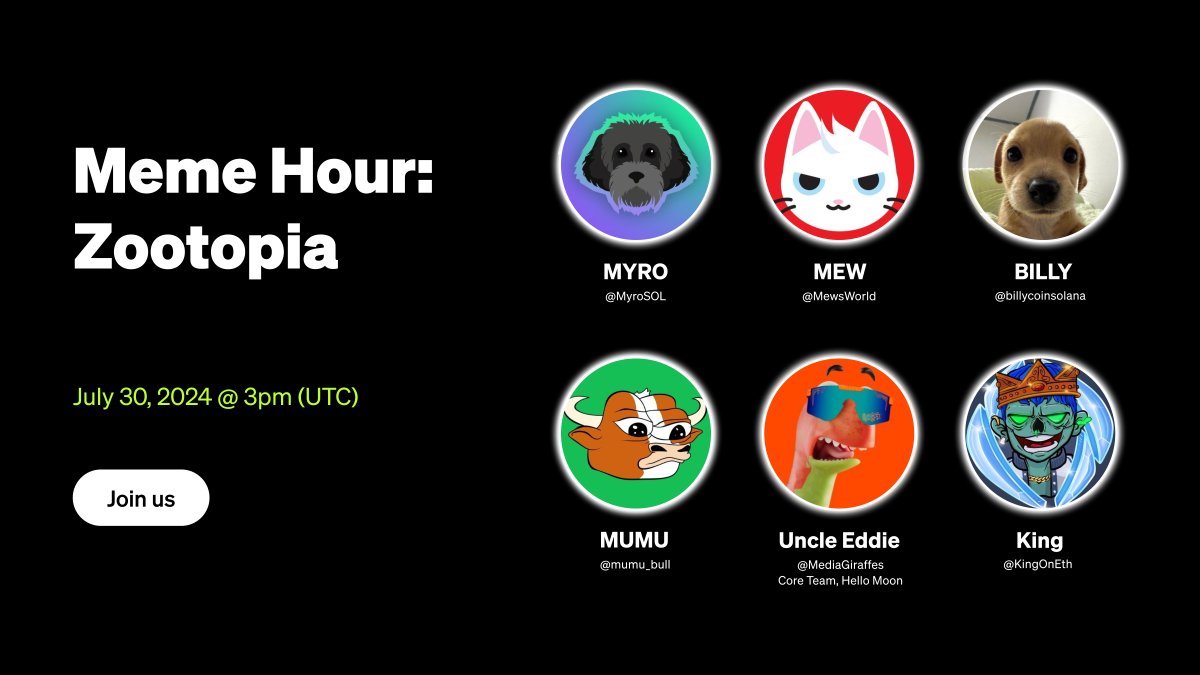 Ep.2 of Meme Hour is here!

This time the zoo is open, and the memes are loose! 

Get early alpha with <a href="/mumu_bull/">MUMU THE BULL</a>, @myrosol, @mewsworld, <a href="/billycoinsolana/">Billy</a>, @mediagiraffes, @kingoneth &amp; more surprise guests.

🗓️ July 30, 3pm UTC

Set reminder: x.com/i/spaces/1yNGa…