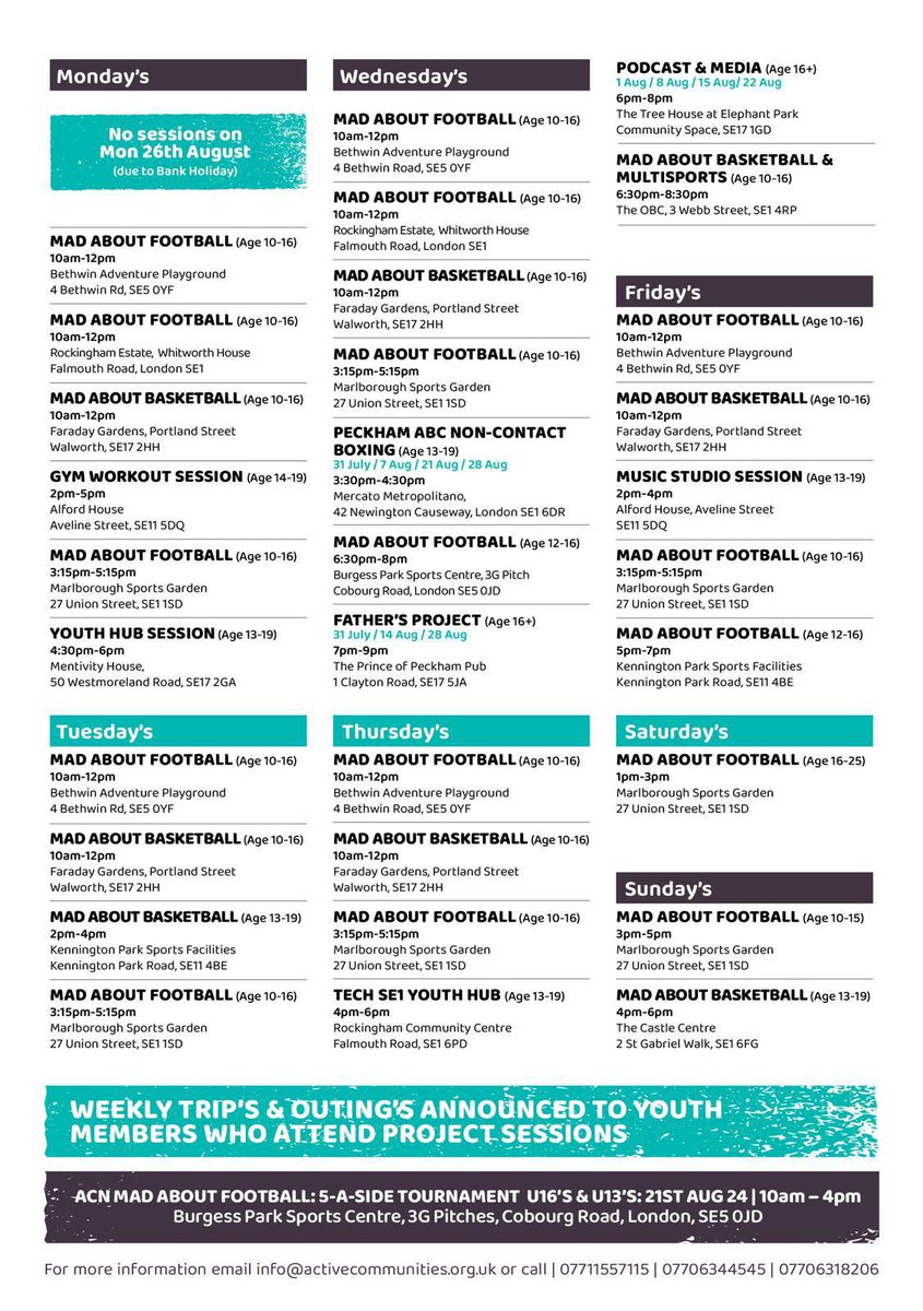 Active Communities Network (@activecn) on Twitter photo Summer Programme 2024 its here - young people aged between 11 to 19 get down to the session & get involved.
more info contact: info@activecommunities.org.uk
๐ฑ- 07711557115 | 07706344545 | 07706318206
<a href="/londonvru/">LondonVRU</a> <a href="/mayorofldn/">The Mayor</a> <a href="/ldn_gov/">London Gov</a> <a href="/MetTVH/">MTVH</a> <a href="/thehydegroup/">The Hyde Group</a> #Southwark #Lambeth Summer Programme 2024 its here - young people aged between 11 to 19 get down to the session & get involved.
more info contact: info@activecommunities.org.uk
๐ฑ- 07711557115 | 07706344545 | 07706318206
<a href="/londonvru/">LondonVRU</a> <a href="/mayorofldn/">The Mayor</a> <a href="/ldn_gov/">London Gov</a> <a href="/MetTVH/">MTVH</a> <a href="/thehydegroup/">The Hyde Group</a> #Southwark #Lambeth