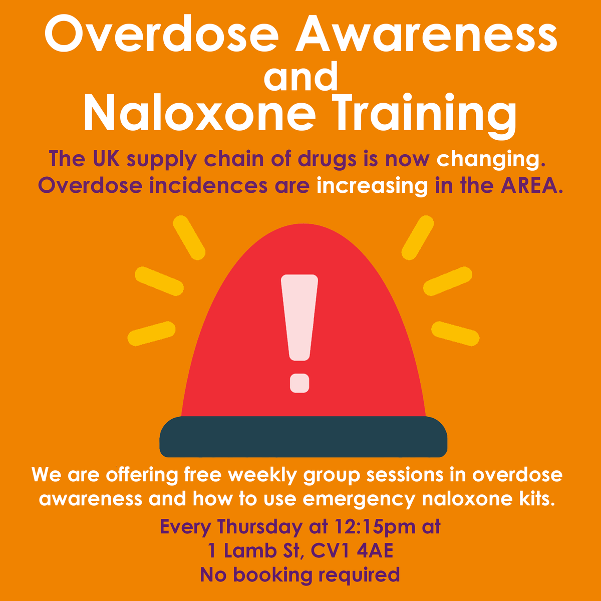 It is important that anyone using substances is informed and aware of potential risks.

Unfortunately, incidences of overdoses are now increasing in this area.

We are now offering weekly group sessions in overdose awareness and how to use a naloxone kit in an emergency.