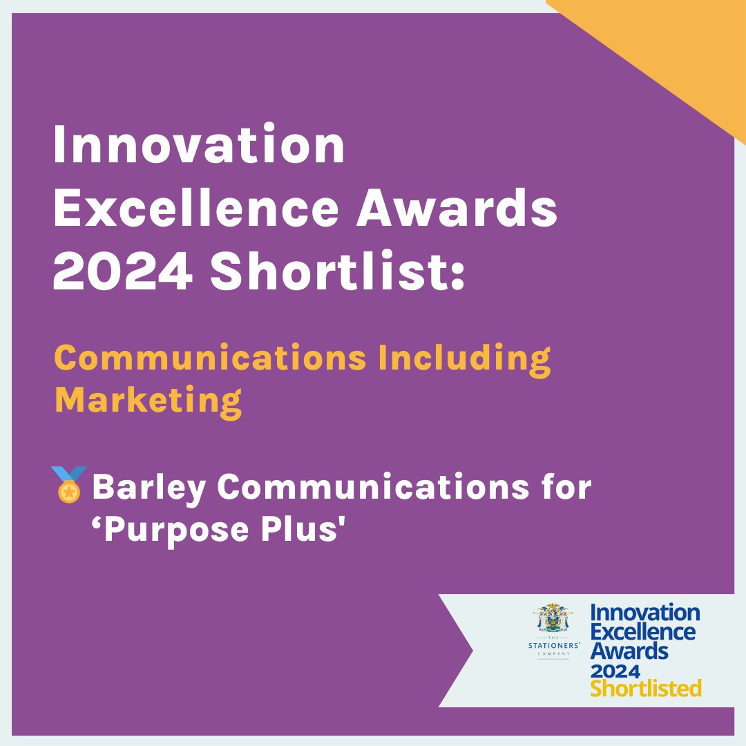 Barley Communications (@barleycomms) on Twitter photo Thanks to the judges of <a href="/stationerscomms/">The Stationers' Company</a> Innovation Excellence Awards for shortlisting us in the Communications Including Marketing category for our Purpose Plus approach.
Looking forward to celebrating with all of the finalists at the awards lunch in October 🙌
#IEA2024 Thanks to the judges of <a href="/stationerscomms/">The Stationers' Company</a> Innovation Excellence Awards for shortlisting us in the Communications Including Marketing category for our Purpose Plus approach.
Looking forward to celebrating with all of the finalists at the awards lunch in October 🙌
#IEA2024
