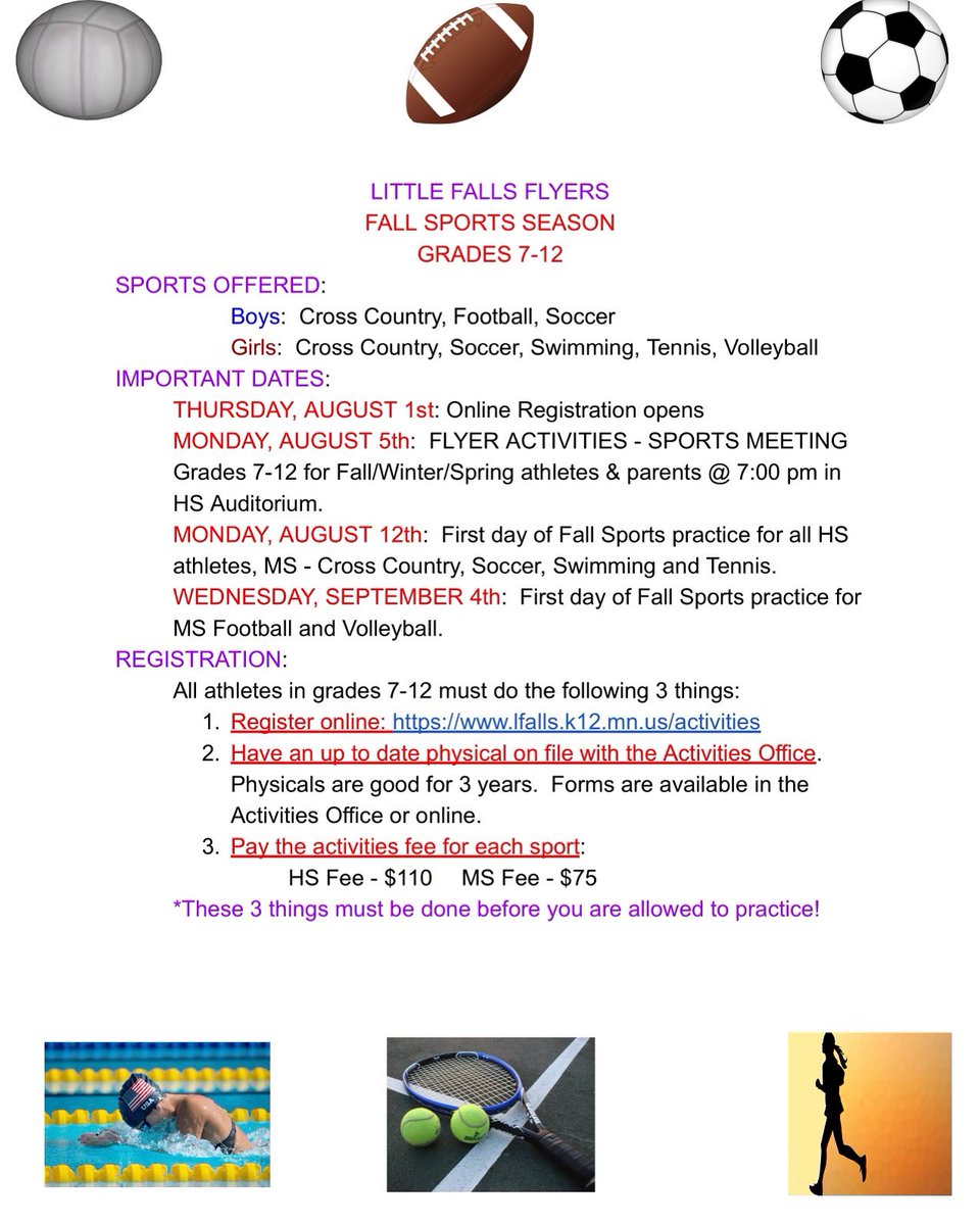 Online Registration for Fall Activities will be open beginning August 1st.
