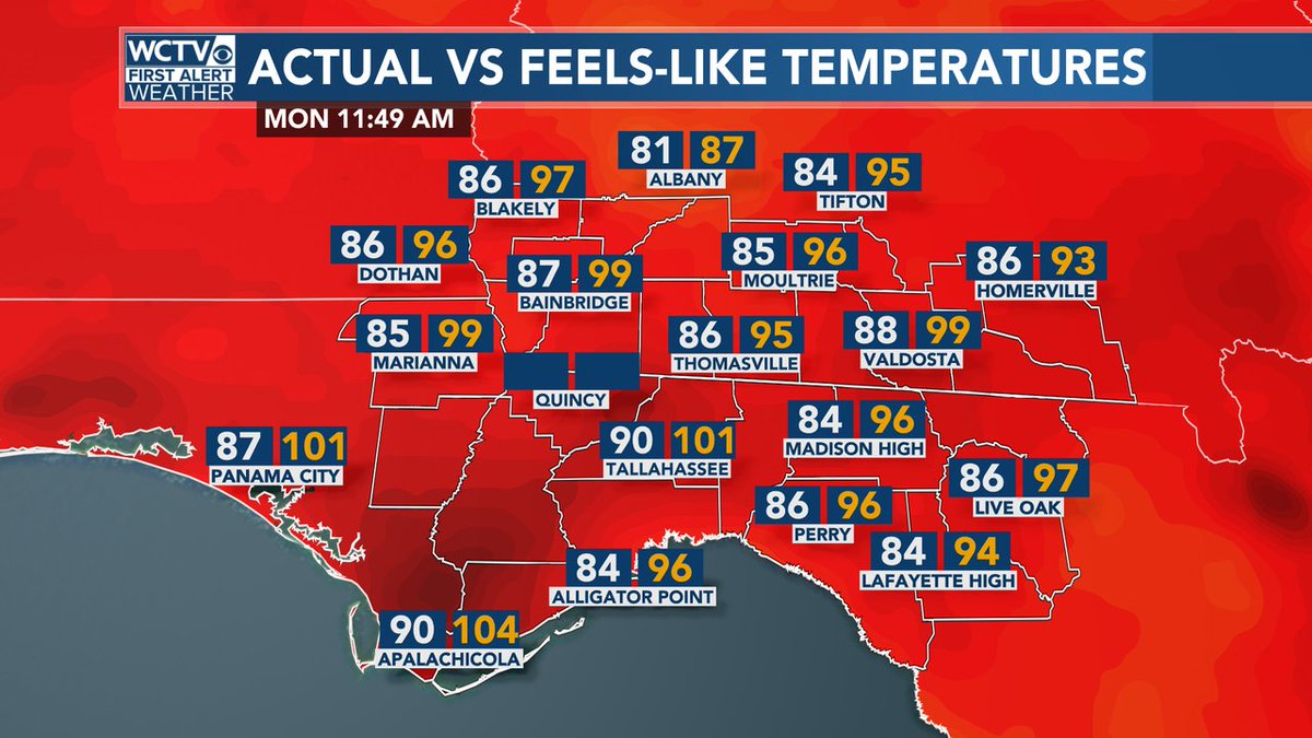 robnucatola's tweet photo. Not quite NOON and TLH is already at 90. A few spots will get there while some other ones will get the help from some cooling showers even early this afternoon to prevent it from getting too hot. #SHOWERScoming #soHUMID https://t.co/sYkYYY24ny