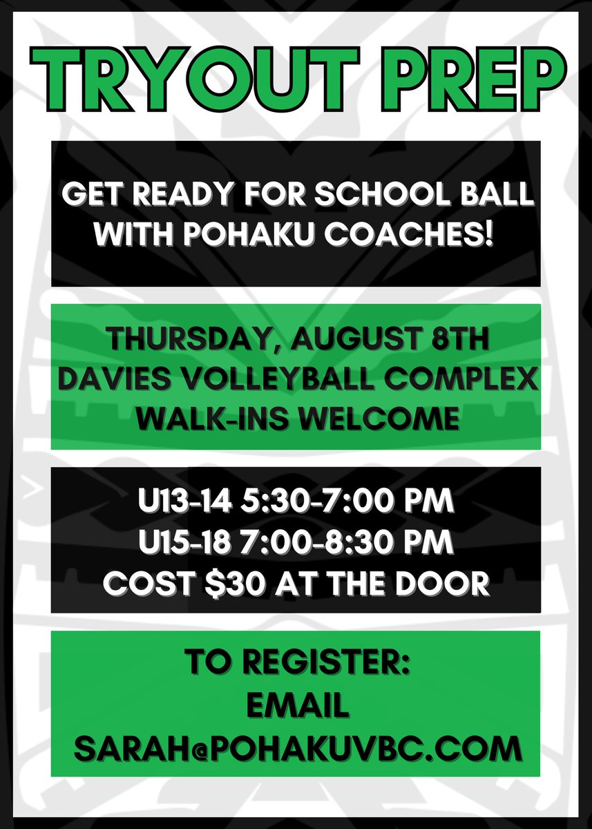 Pohaku Volleyball Club (@pohakuvbc) on Twitter photo Need extra reps before tryouts? Come see us next week! Email sarah@pohakuvbc.com to register🤙🏽 Need extra reps before tryouts? Come see us next week! Email sarah@pohakuvbc.com to register🤙🏽