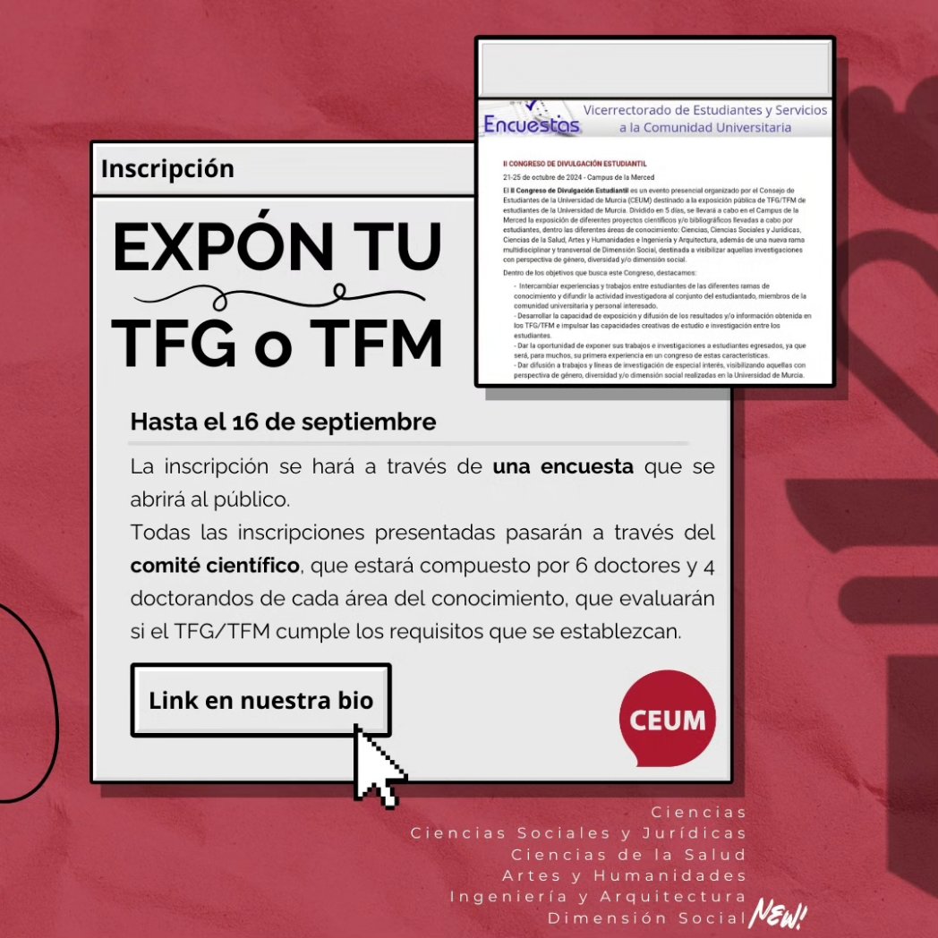 CEUM - Consejo de Estudiantes (@ceum_es) on Twitter photo Vuelve el mayor congreso de divulgación estudiantil de la <a href="/UMU/">Universidad Murcia</a>.
📍 Campus de la Merced.
📆 21-25 de octubre.
Inscríbete aquí: encuestas.um.es/encuestas/NDYy…
Bases en nuestra bio. También en nuestra web en el apartado "actividades". Vuelve el mayor congreso de divulgación estudiantil de la <a href="/UMU/">Universidad Murcia</a>.
📍 Campus de la Merced.
📆 21-25 de octubre.
Inscríbete aquí: encuestas.um.es/encuestas/NDYy…
Bases en nuestra bio. También en nuestra web en el apartado "actividades".
