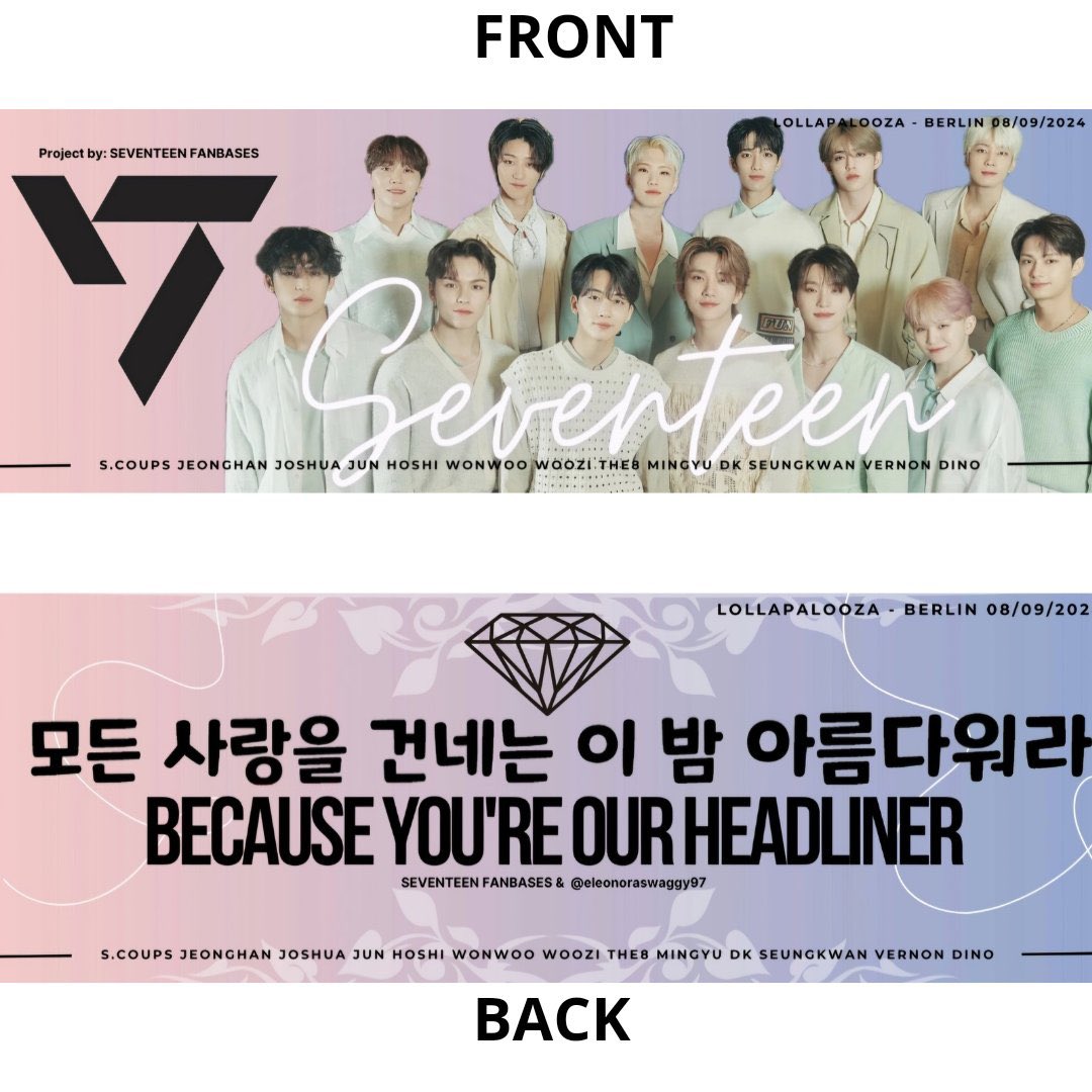 SVTinEUROPE's tweet photo. Carats! 🎉 We have the winning banner that we will take to LOLLAPALOOZA 2024 to support SEVENTEEN. It's time to show our love and enthusiasm!

❗️ **Instructions:**
- Print the attached banners on both sides.
- Print size: 42 x 15 cm.

⬇️

#SEVENTEEN #Lollaberlin @LollapaloozaDe https://t.co/a4HUz3BbAm