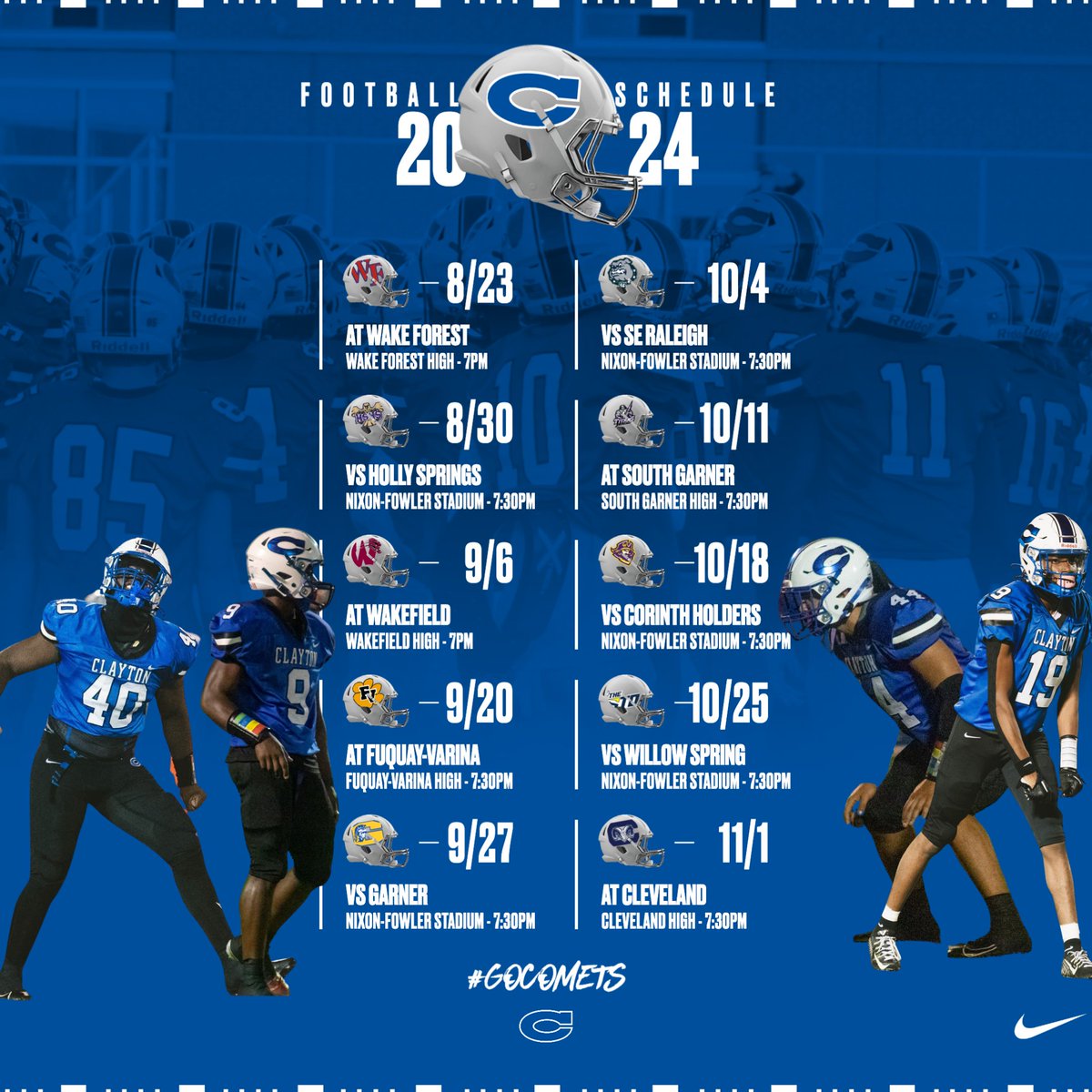 ClaytonCometsAD's tweet photo. ❗️🏈 SCHEDULE RELEASE❗️

We are excited to announce the 2024 @ClaytonCometsFB schedule!  A competitive and exciting schedule ahead this year against some of the top teams in our area. Make sure to get mark your 📆 and get your booster passes NOW to cheer on your Comets!

#GoComet https://t.co/fMuqrDgBqn
