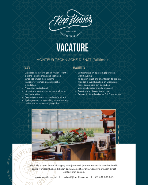 Wij zijn op zoek naar een monteur technische dienst. Heb je interesse en denk je dat de beschreven functie wel bij je past? Neem een kijkje op de website of neem contact met ons op! 

#chrysanthemums #naturally