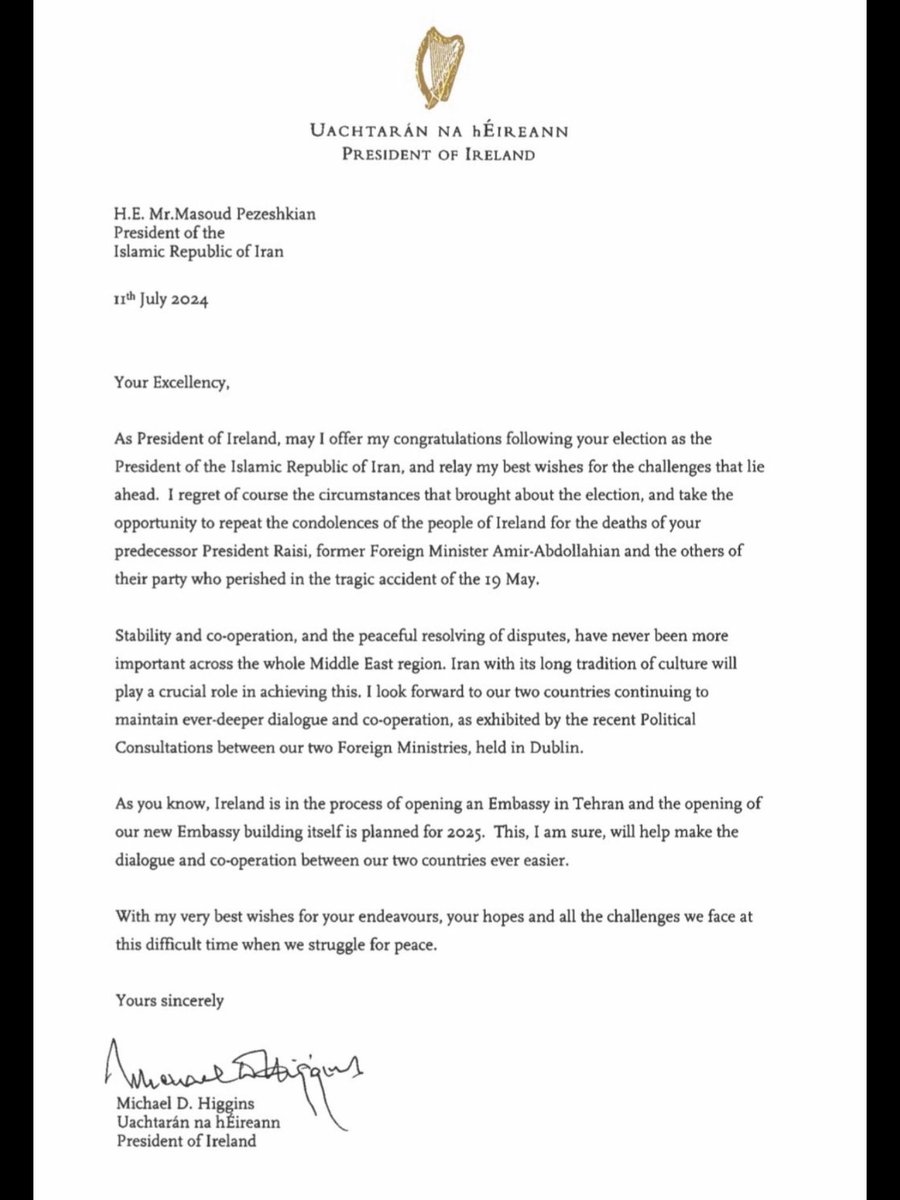 I assume this bizarre,effusive embrace of Iran’s tyrannical regime by President Higgins reflects Irish government policy?Iran as the globally acknowledged sponsors of Hamas,Palestinian Islamic Jihad,Hezbollah&amp;Houthi terrorism depicted as contributing to stability &amp; peace? Sick!