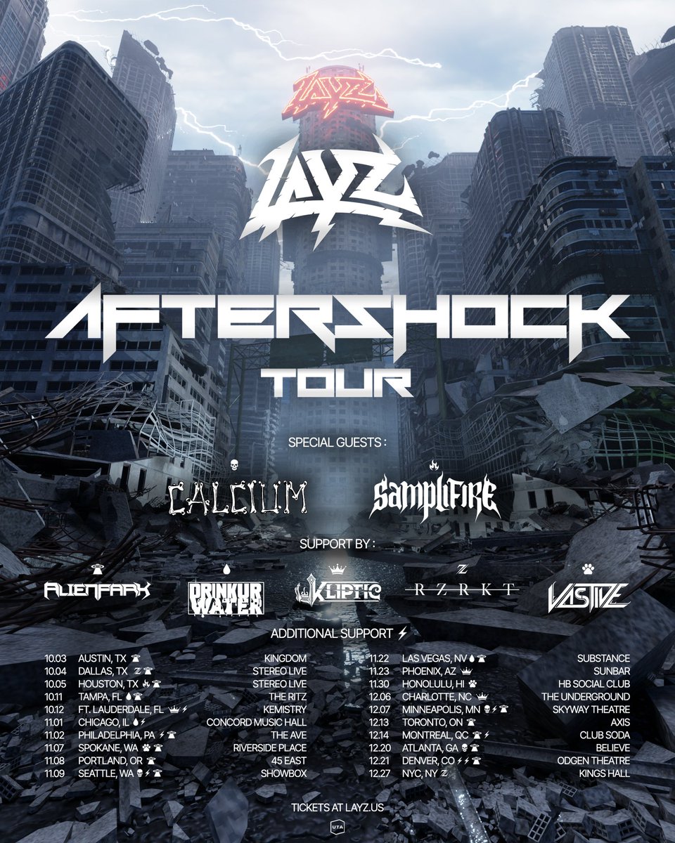 layzdubz's tweet image. WELCOME TO THE AFTERSHOCK TOUR💥 

Pre-Sale: Thursday 9am pst/12pm est (code: AFTERSHOCK) 

On-Sale: Friday 9am pst/12pm est 

Which city will I see you at?! ⚡️