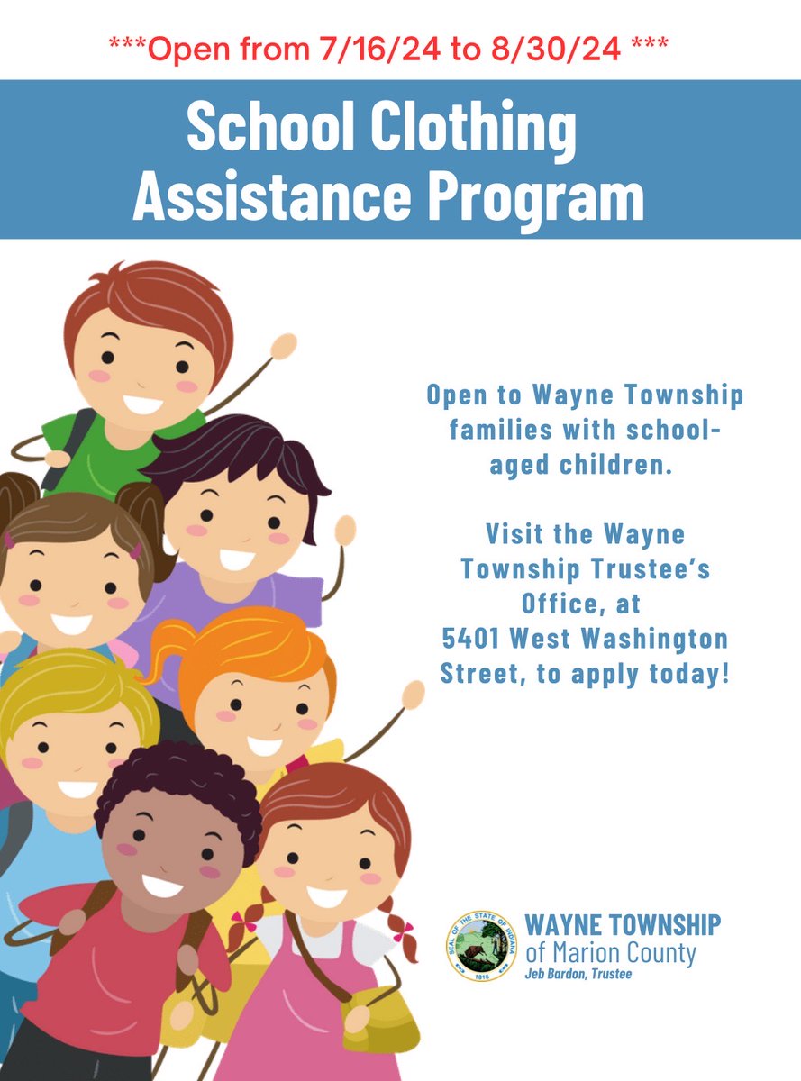 📣 Need school clothing assistance? 🛍️Stop by our office at 5401 West Washington St. to apply! 📍 Don’t miss out on this opportunity!

Learn more here: waynetwp.org/schoolclothing #SchoolAssistance #CommunitySupport #BackToSchool 🚸👕