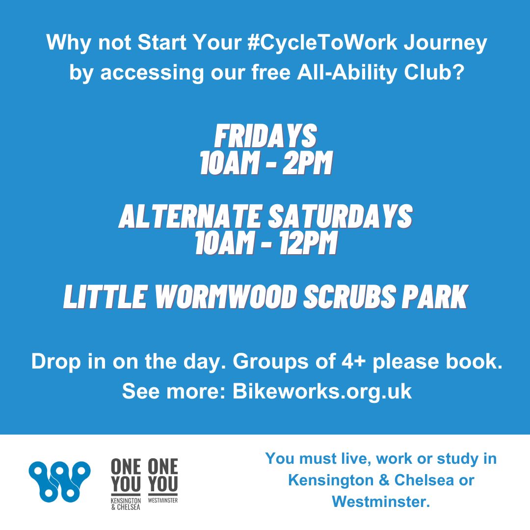 Bikeworksuk's tweet image. Our #AllAbility Clubs in #KensingtonandChelsea &amp;amp; #Westminster offer a welcoming environment for disabled people, &amp;amp; people w/ long-term health conditions, to start their journey of cycling to work. 

Delivered in partnership w/ @oneyourbkc #CycleToWork #CycleToWork2024 #Mobility