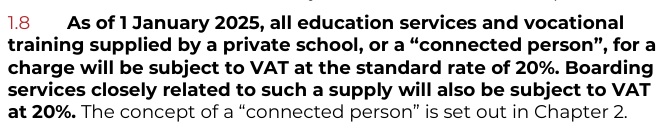 SagarRichard's tweet image. Confirmation of removal of VAT exemption for private schools or a 'connected person' across the UK There is a corresponding consultation on this which closes on 15 September. gov.uk/government/pub…