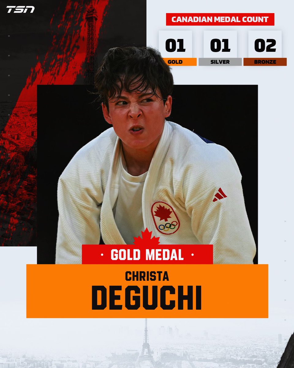 TSN_Sports's tweet photo. CHRISTA DEGUCHI STRIKES GOLD FOR CANADA! 🥇🇨🇦 

Deguchi defeats 🇰🇷 Huh Mi-mi to claim Canada’s first ever gold medal in Judo! https://t.co/gZc5UBn39T