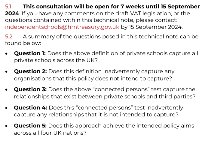 SagarRichard's tweet image. Confirmation of removal of VAT exemption for private schools or a 'connected person' across the UK There is a corresponding consultation on this which closes on 15 September. gov.uk/government/pub…