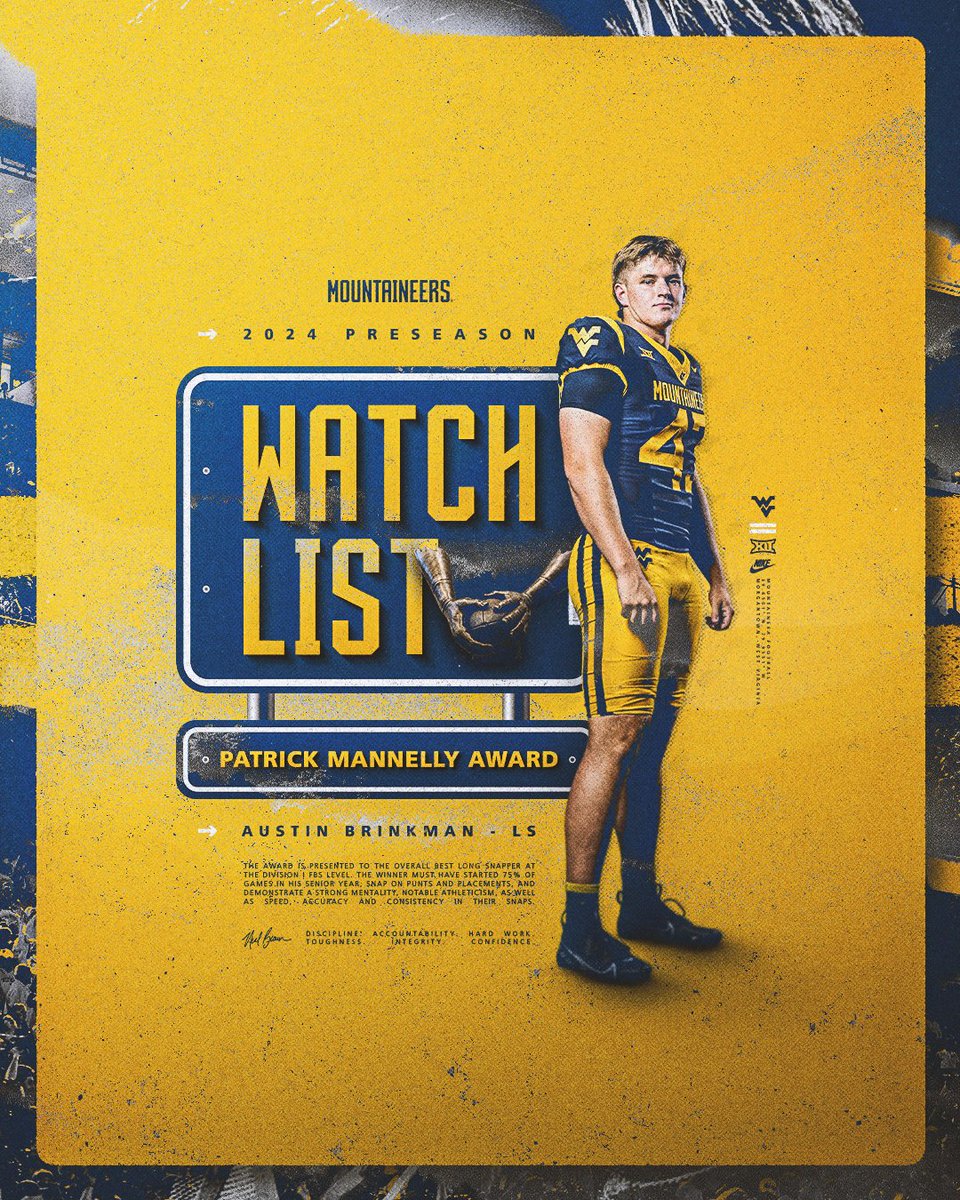 WVUfootball's tweet photo. ⭐️ Patrick Mannelly Award Watch List: @b17_austin https://t.co/TbVBHpLOju