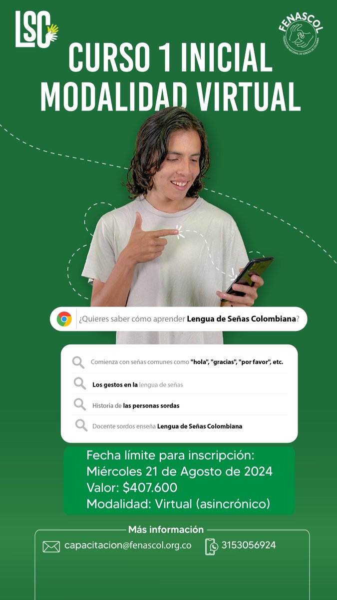 fenascol's tweet photo. #CursosLSC
Cada vez más personas se comunican en Lengua de Señas Colombiana-LSC ¡Solo faltas tú!
Te compartimos los cursos de LSC:
Mayor información e Inscripciones:
💻 https://t.co/RvfJIe9emm
📩capacitacion@fenascol.org.co
📲3153056924
#CursosLSC #LSC #Cursos #AprenderLSC https://t.co/C50vSCbJVC