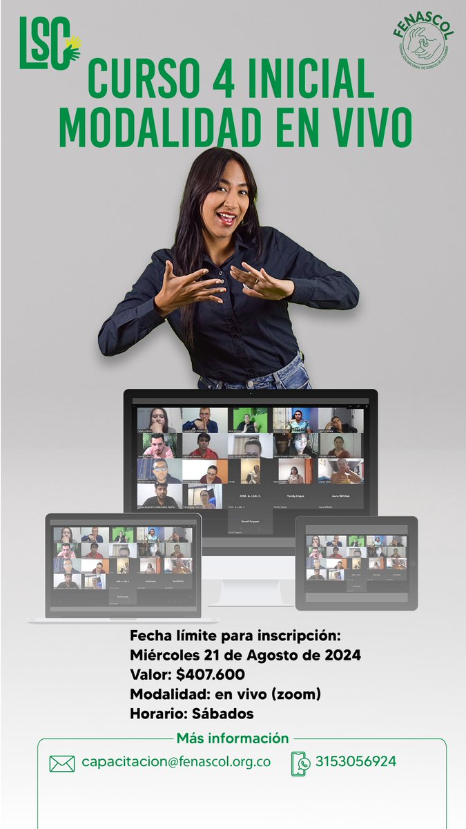 fenascol's tweet photo. #CursosLSC
Cada vez más personas se comunican en Lengua de Señas Colombiana-LSC ¡Solo faltas tú!
Te compartimos los cursos de LSC:
Mayor información e Inscripciones:
💻 https://t.co/RvfJIe9emm
📩capacitacion@fenascol.org.co
📲3153056924
#CursosLSC #LSC #Cursos #AprenderLSC https://t.co/C50vSCbJVC