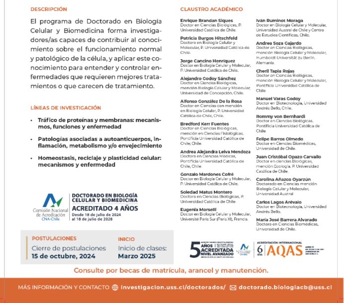_SBCCh's tweet photo. ADMISIÓN2025 Doctorado en
Biología Celular y Biomedicina
Plazo postulaciones: 
15 de octubre, 2024

Más información y contacto:
https://t.co/A6FGr97pqa https://t.co/4bENUCYfI9