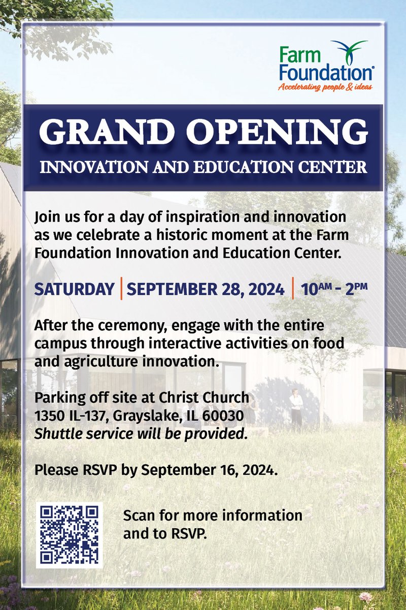 Join Farm Foundation for a Grand Opening Celebration of our Innovation and Education Center!
Experience the excitement firsthand as we cut the ribbon and open the doors to a world of possibilities.  

farmfoundation.swoogo.com/iecgrandopening
