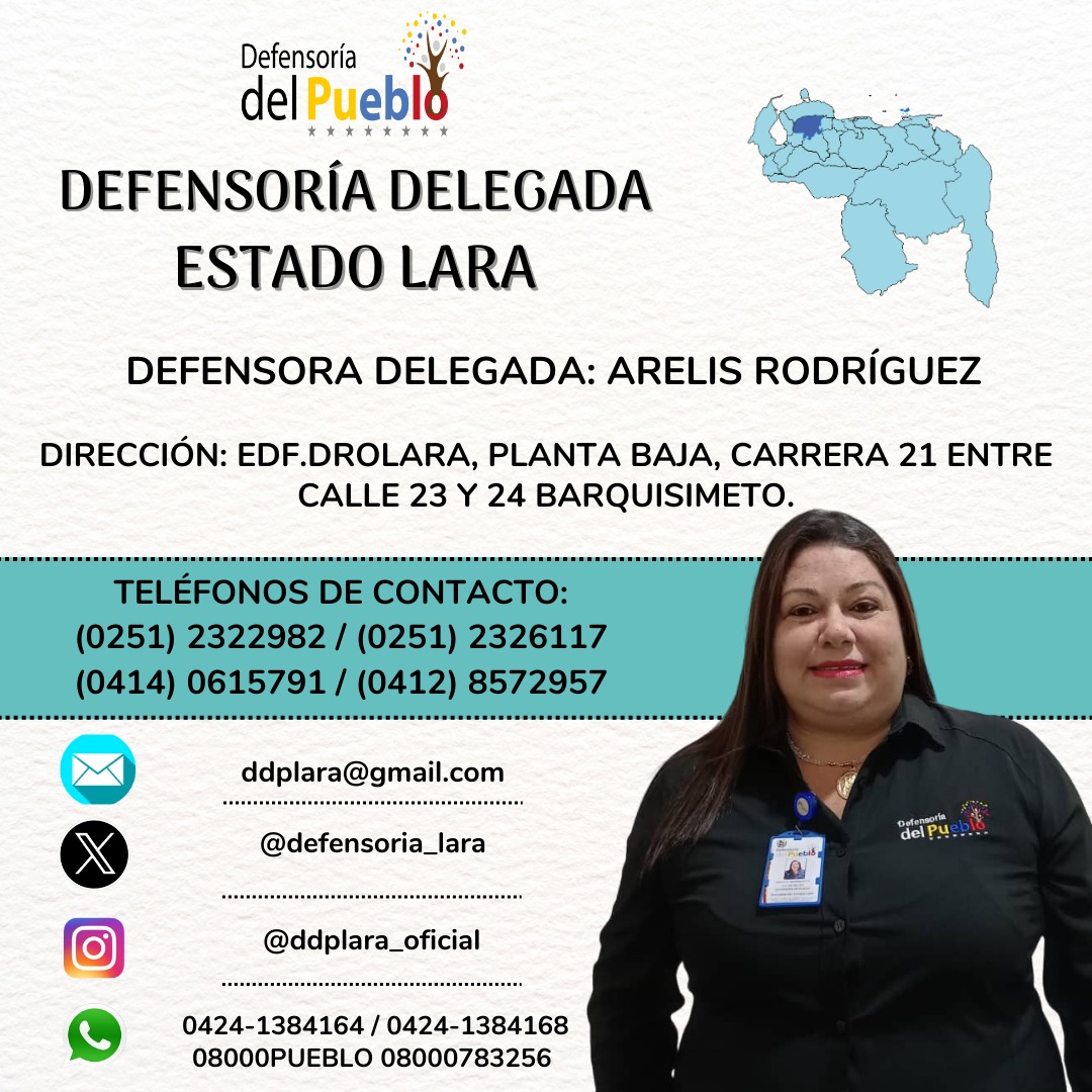 La
<a href="/Defensoria_Vzla/">Defensor del Pueblo</a>
te invita a conocer a nuestros defensores y defensoras delegadas de cada estado del país, quienes están prestos a atender y orientar a la población en materia de presunta vulneración de sus derechos humanos.