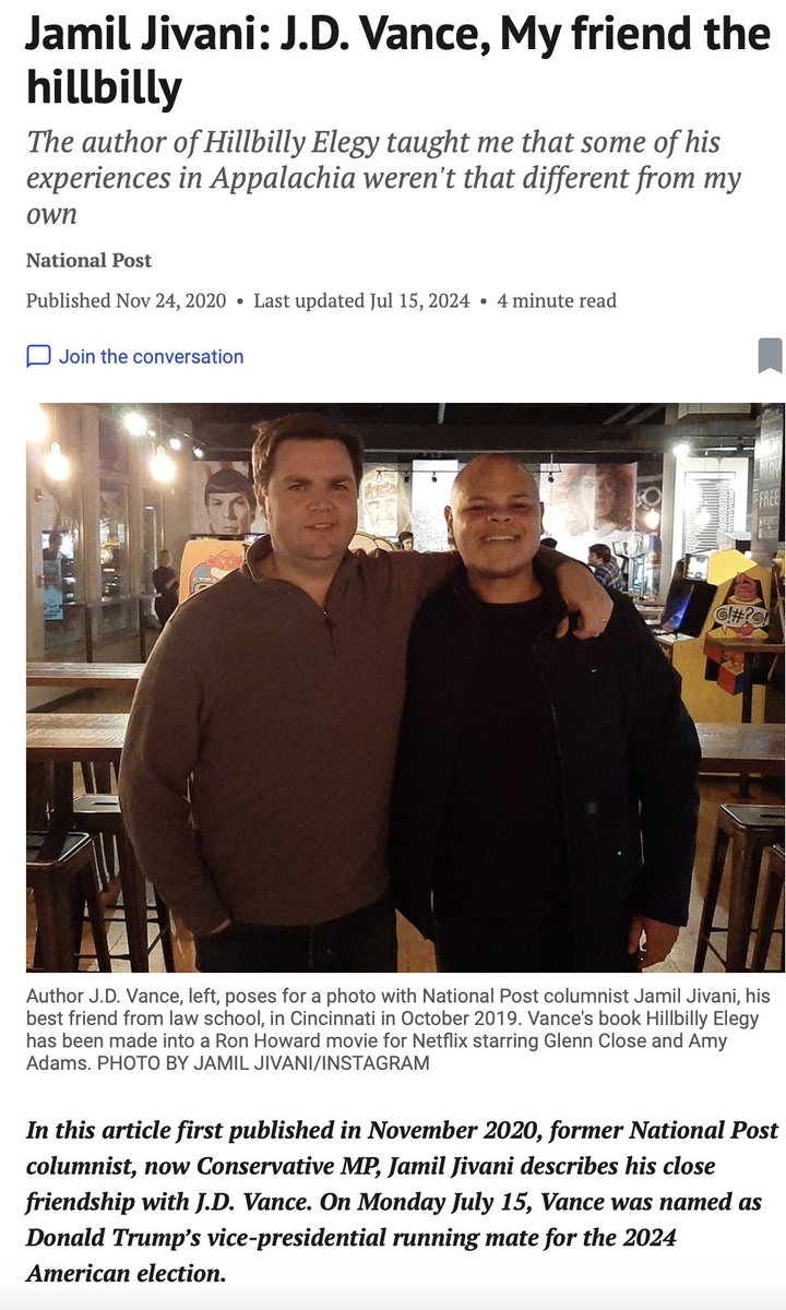 It's so funny to me that some folks were bragging like "oh YEAH Conservative MP Jamil Jivani is BEST FRIENDS with Trump's VP pick JD Vance!!! 😏"

But suddenly that discourse seems to be, um, shelved? 

Couched, if you will?