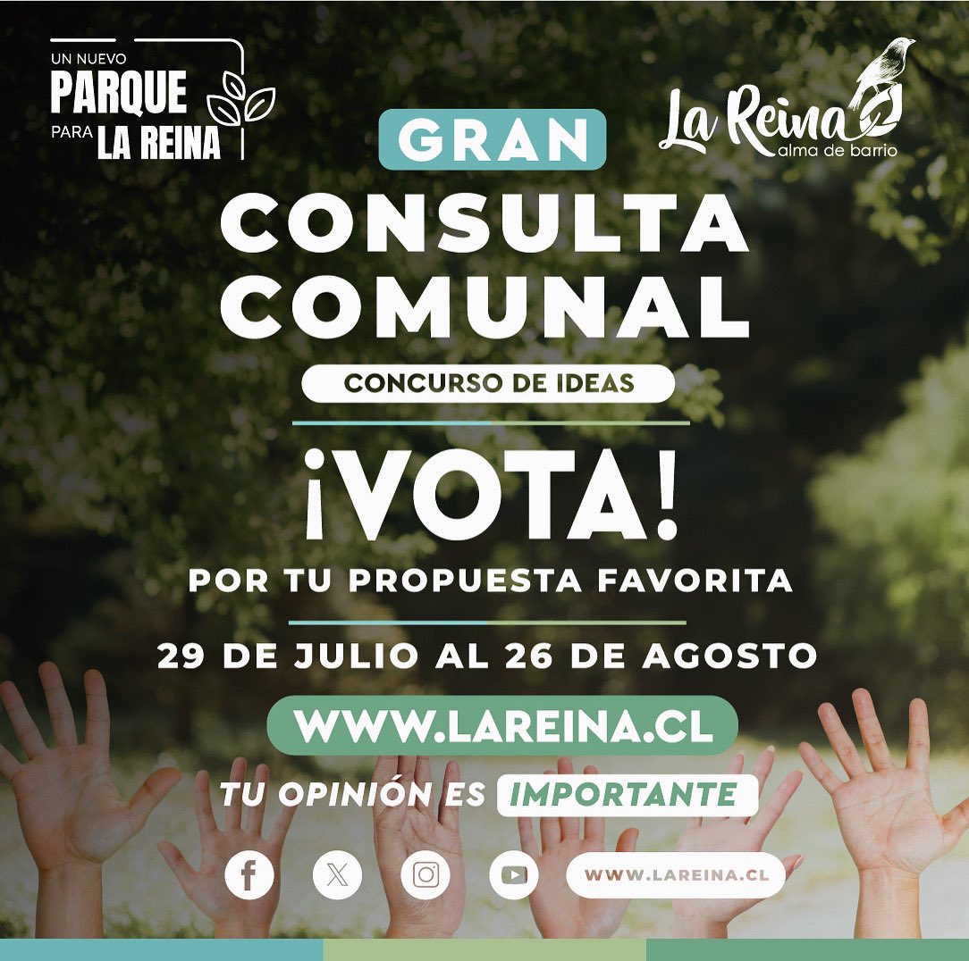 CONSULTA COMUNAL “UN NUEVO PARQUE PARA LA REINA” 🌳🌿💚

🧑🏻‍💻👩🏻‍💻 CLICK AQUÍ: vote-v3.evoting.com/election/z05hd…

Comenzamos el proceso final con el que daremos identidad al terreno de 54.102 m2 para la vida familiar, protección del medio ambiente y encuentro en comunidad. 

¡Participa! 👍🏻