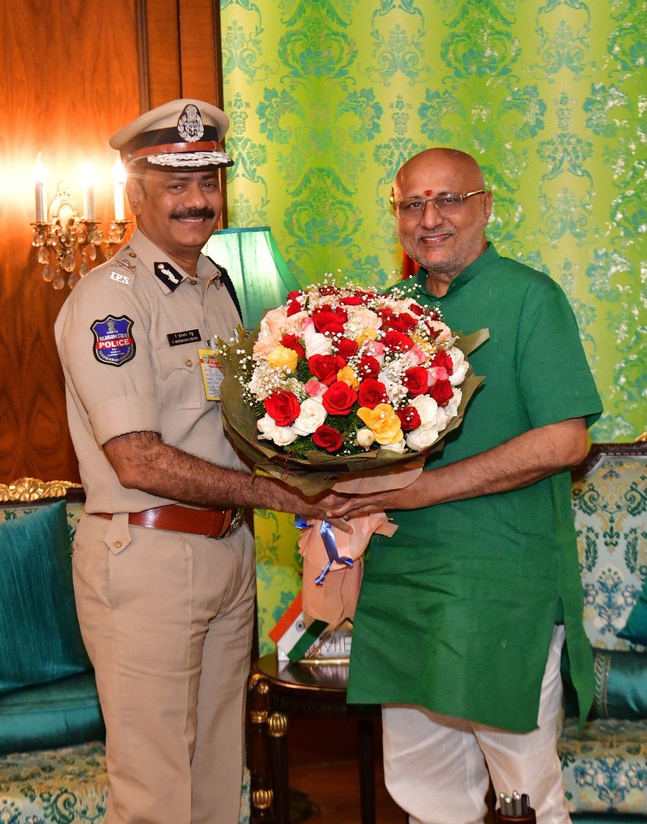 Met the DGP, Telangana Dr. Jitender Ji, IPS and Commisioner of Police, Hyderabad Shri. Kothakota Sreenivasa Reddy Ji, IPS today at Raj Bhavan, Hyderabad on a courtesy meet.