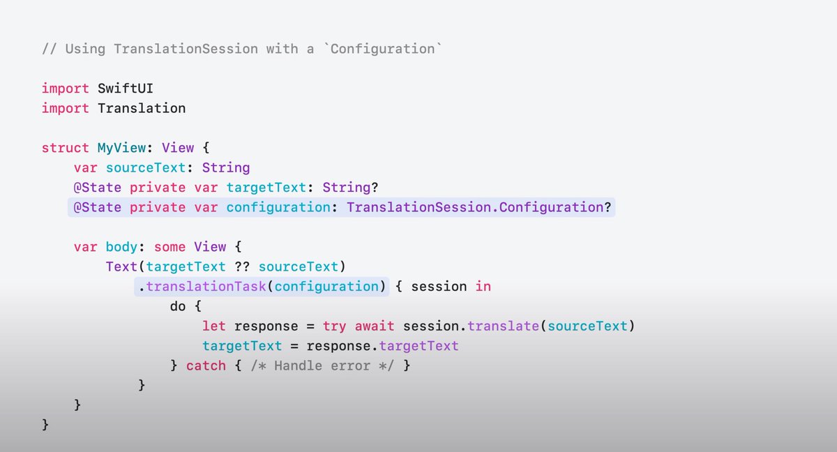 gerogerber's tweet image. The new Translation API lets you translate text at runtime and on-device. This way users do not need to select text and use the system menu to translate text, but you can intelligently integrate this into your app.
#Apple #TranslationAPI #WWDC24
youtu.be/MuIFhbHNmqA?t=…