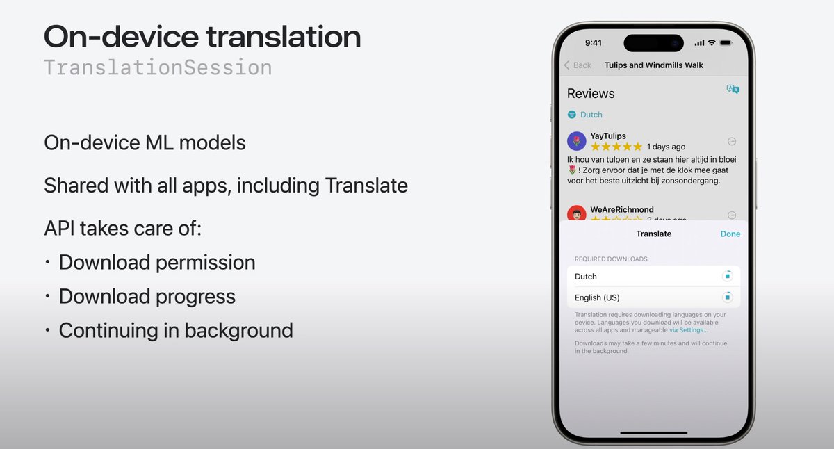 gerogerber's tweet image. The new Translation API lets you translate text at runtime and on-device. This way users do not need to select text and use the system menu to translate text, but you can intelligently integrate this into your app.
#Apple #TranslationAPI #WWDC24
youtu.be/MuIFhbHNmqA?t=…
