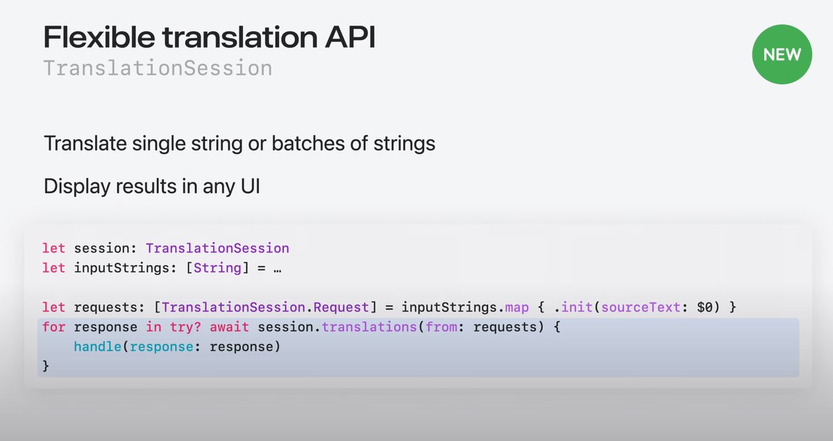 gerogerber's tweet image. The new Translation API lets you translate text at runtime and on-device. This way users do not need to select text and use the system menu to translate text, but you can intelligently integrate this into your app.
#Apple #TranslationAPI #WWDC24
youtu.be/MuIFhbHNmqA?t=…