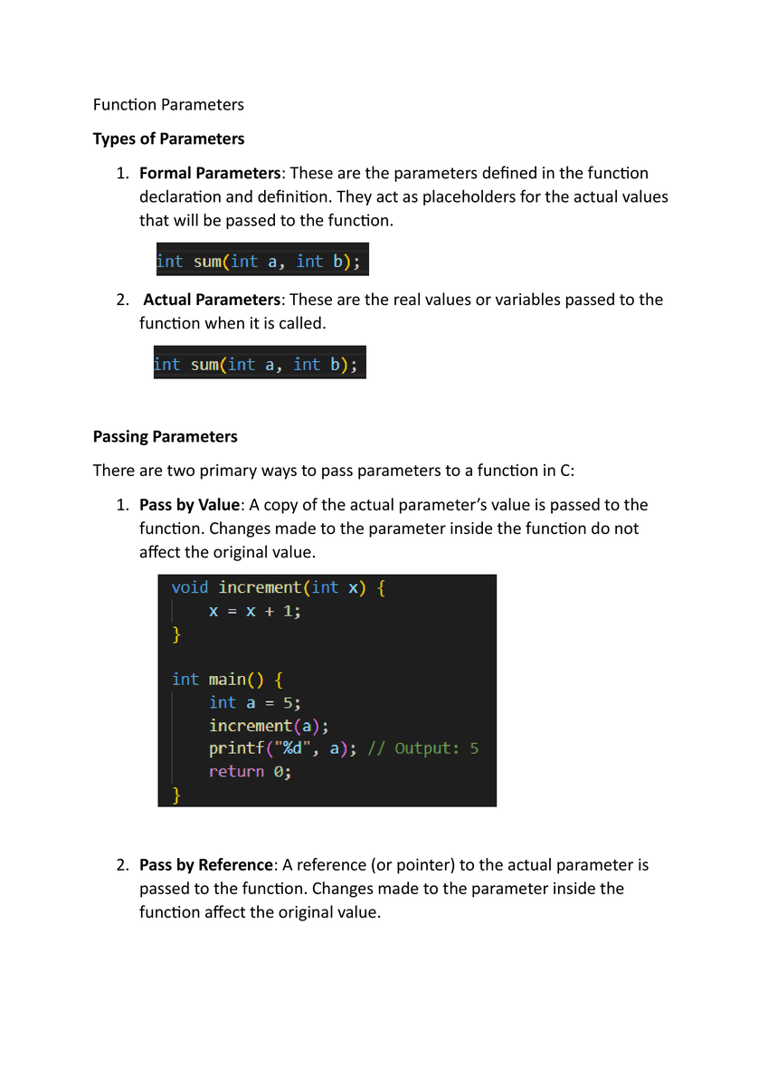 TechHarshal's tweet image. 📚 Day 9 of learning C programming language 📷
Today’s progress:
- Functions Parameters
- Types of parameters
- Passing parameters
- Example with multiple parameters
Todays Notes are Given
#programminglanguage
#codinglife
#Cbasics
#learningC
#c++
#clanguage