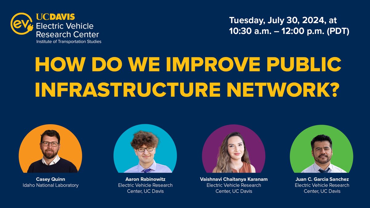 ITS-Davis (@its_ucdavis) on Twitter photo Join <a href="/CaseyWQuinn/">Casey Quinn</a> and researchers from our EV Research Center tomorrow, Tuesday, July 30 from 10:30 am to noon for a lively #webinar discussion on improving our public infrastructure network.
Register here: ucdavis.zoom.us/webinar/regist…
#EVs #SustainableTransportation 🔋🚗 Join <a href="/CaseyWQuinn/">Casey Quinn</a> and researchers from our EV Research Center tomorrow, Tuesday, July 30 from 10:30 am to noon for a lively #webinar discussion on improving our public infrastructure network.
Register here: ucdavis.zoom.us/webinar/regist…
#EVs #SustainableTransportation 🔋🚗